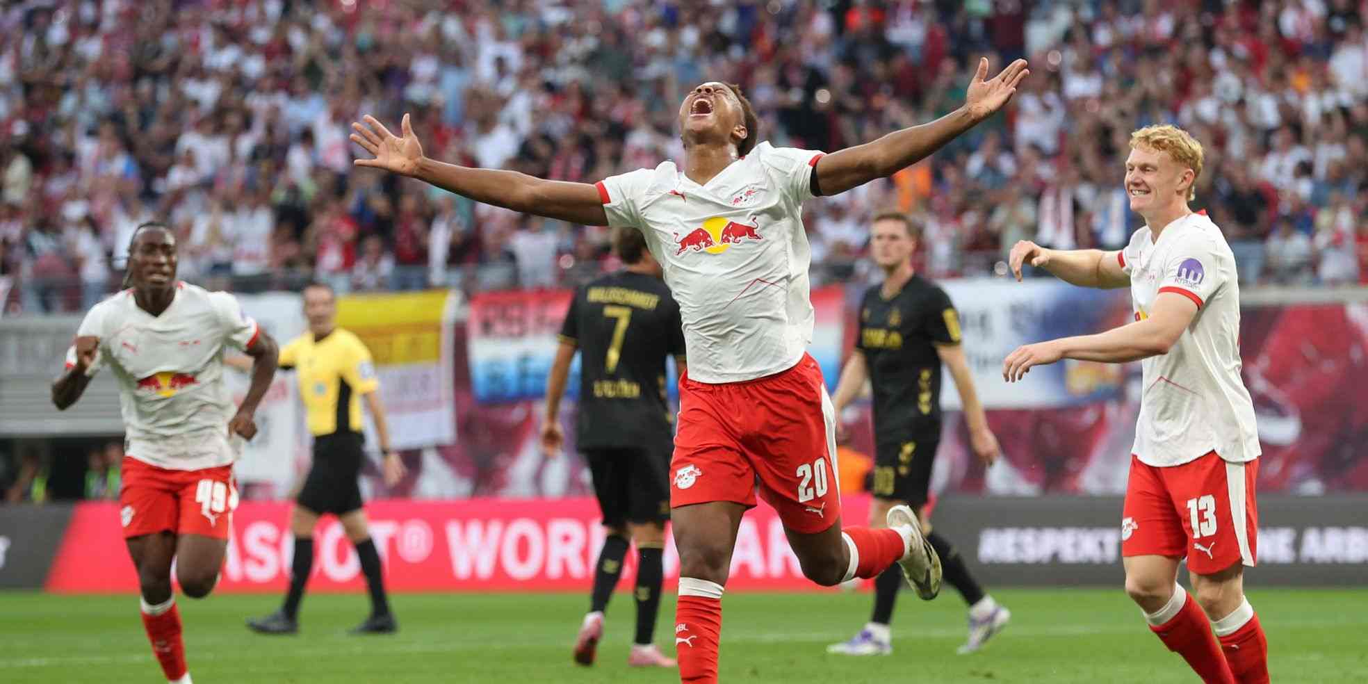 RB Leipzig forward Assan Ouedraogo celebrates after scoring a goal
