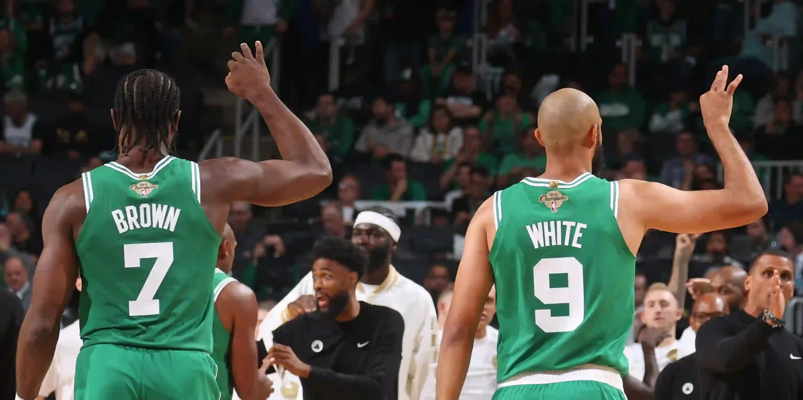 Boston Celtics players Jalen Brown and Derrick White