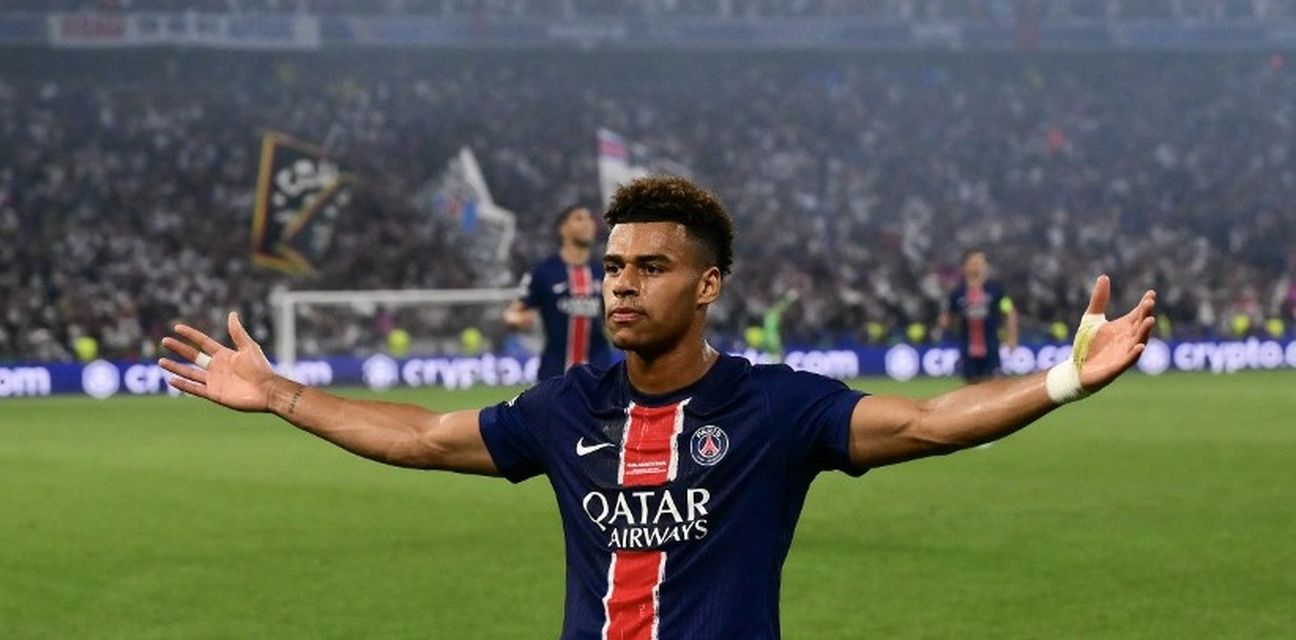 Desire Doue after his goal in the Champions League final against Inter