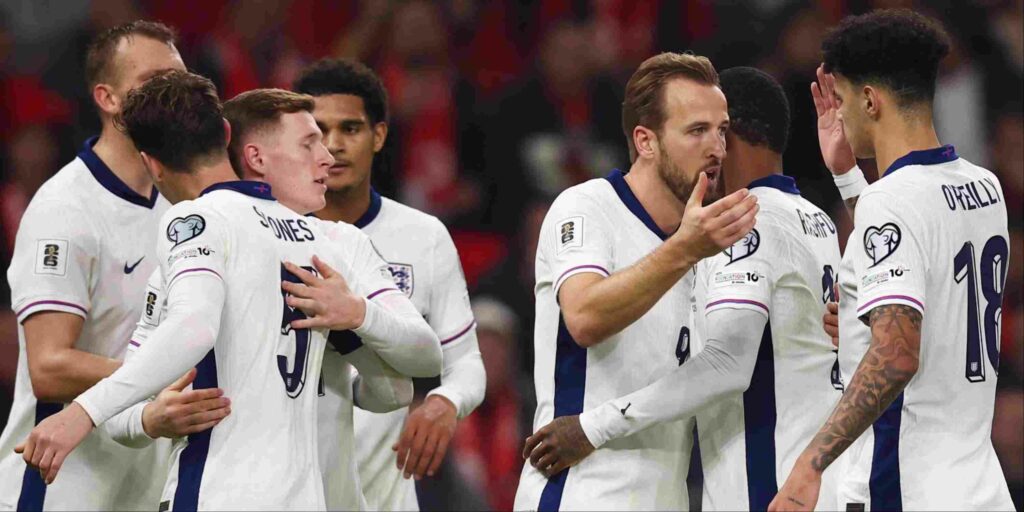 England players congratulate one another after Harry Kane's goal against Albania