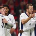 England players congratulate one another after Harry Kane's goal against Albania