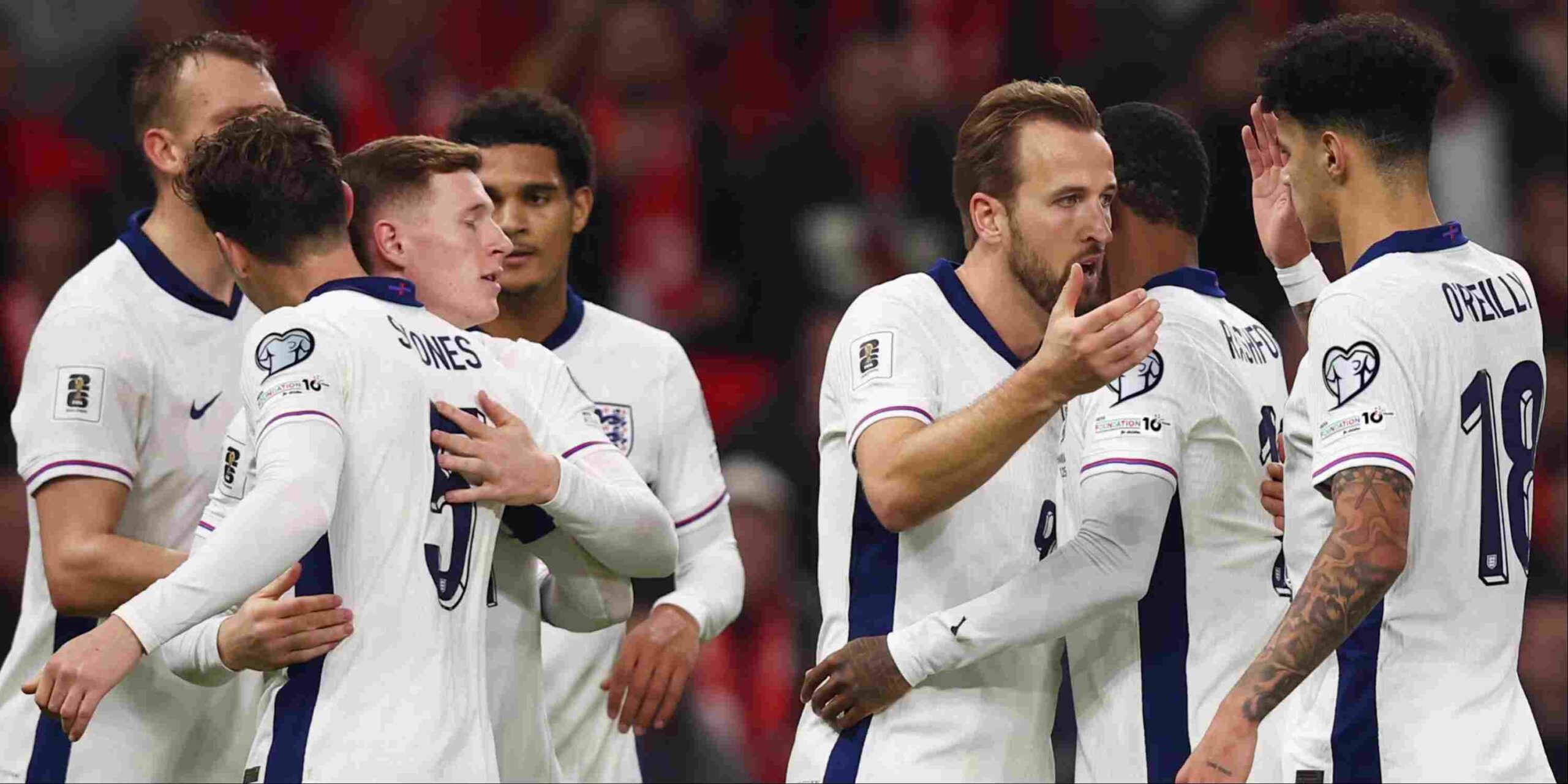 England players congratulate one another after Harry Kane's goal against Albania