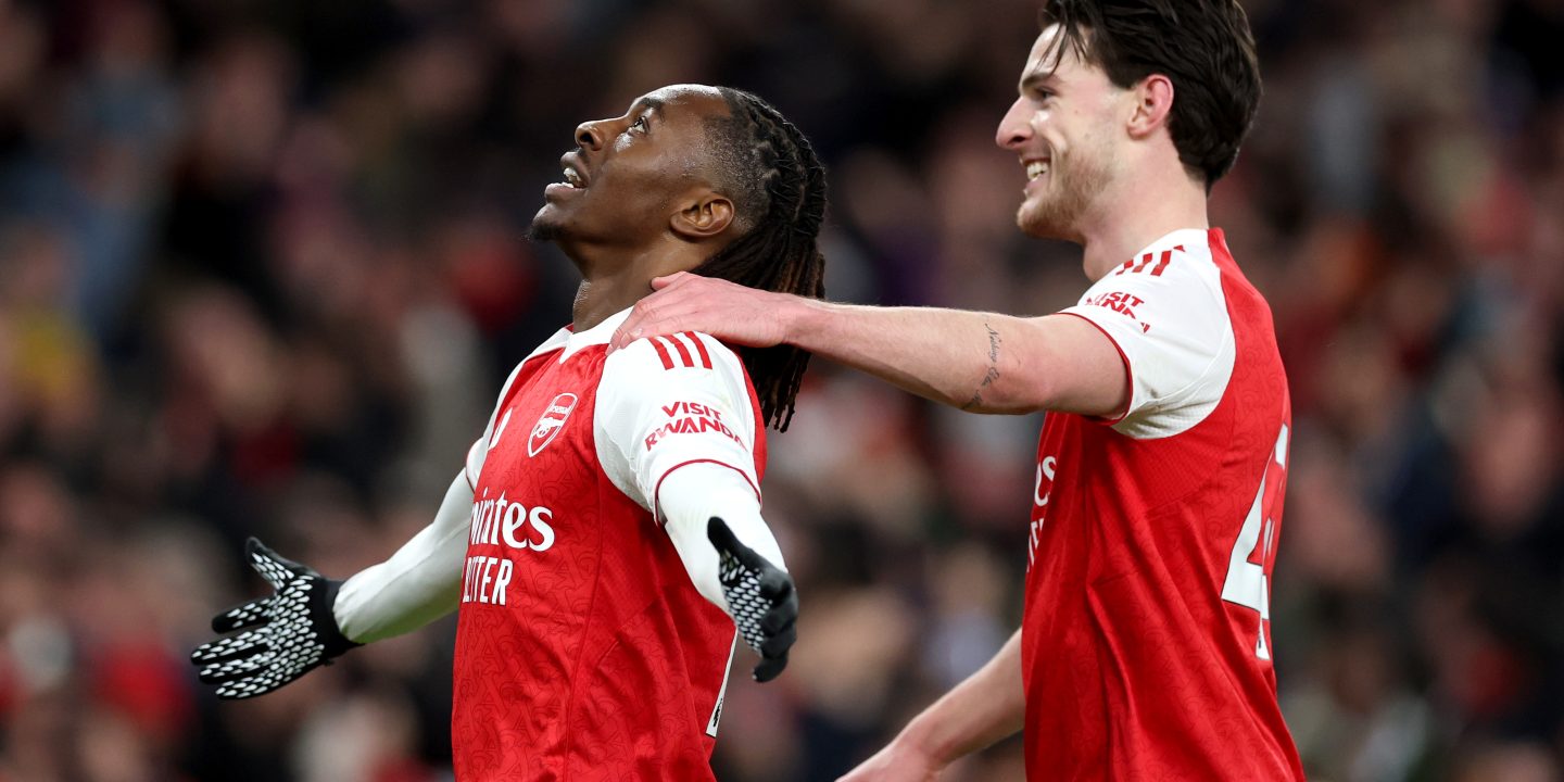 Eberechi Eze and Declan Rice celebrate after Arsenal score against Tottenham