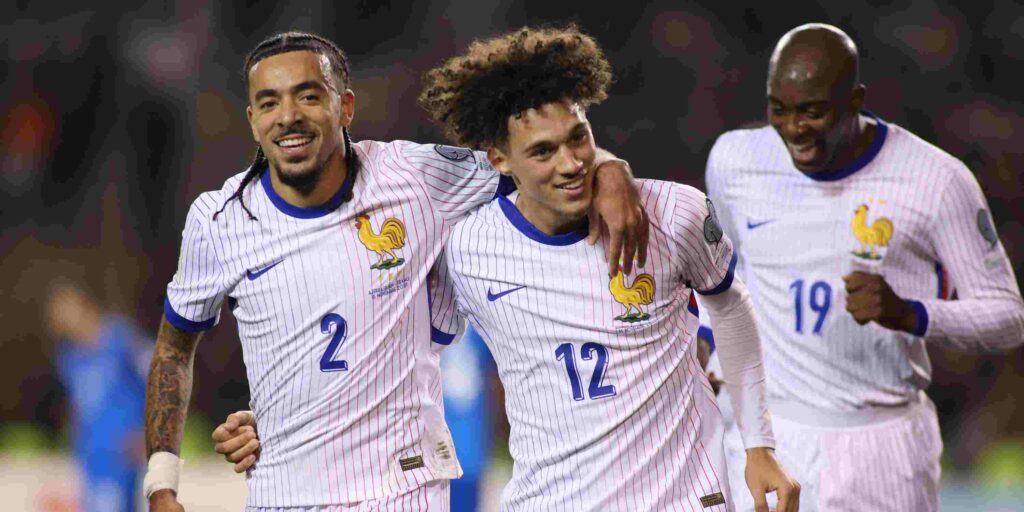 French players celebrate after scoring against Azerbaijan