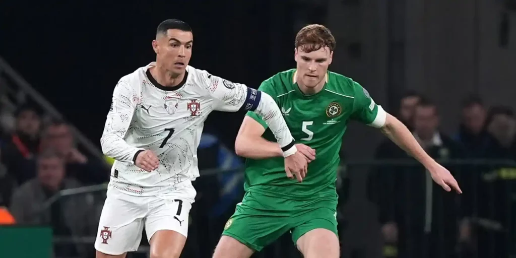 Cristiano Ronaldo and Jake O'Brian during the 2026 World Cup qualifier between Ireland and Portugal