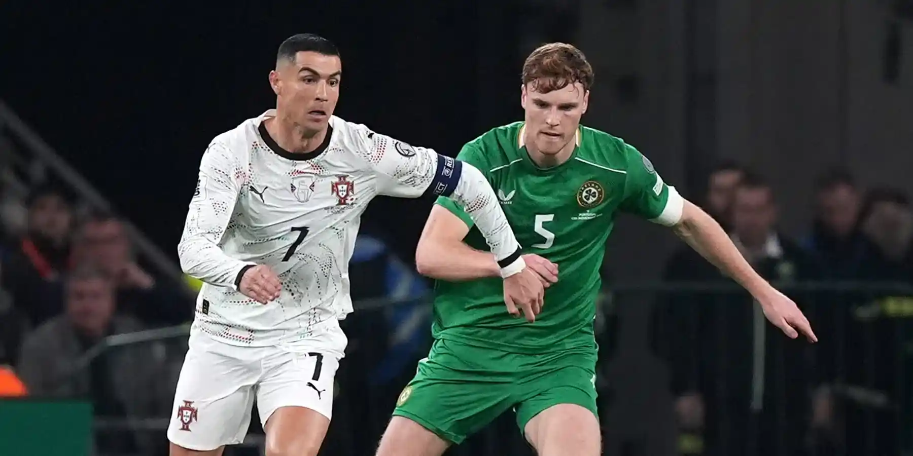 Cristiano Ronaldo and Jake O'Brian during the 2026 World Cup qualifier between Ireland and Portugal