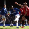 Everton player shoots at Manchester United goal