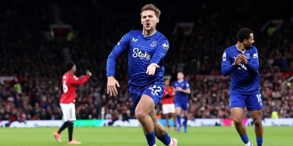 Kiernan Dewsbury-Hall celebrates after scoring against Manchester United