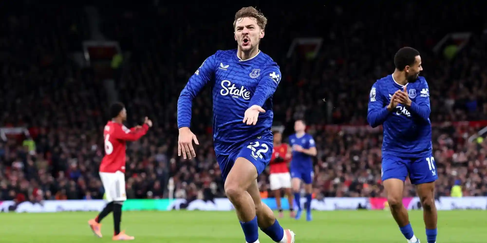 Kiernan Dewsbury-Hall celebrates after scoring against Manchester United