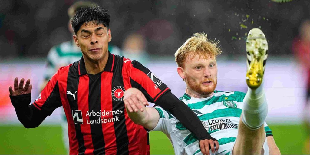 Midtjylland and Celtic players in a battle for the ball