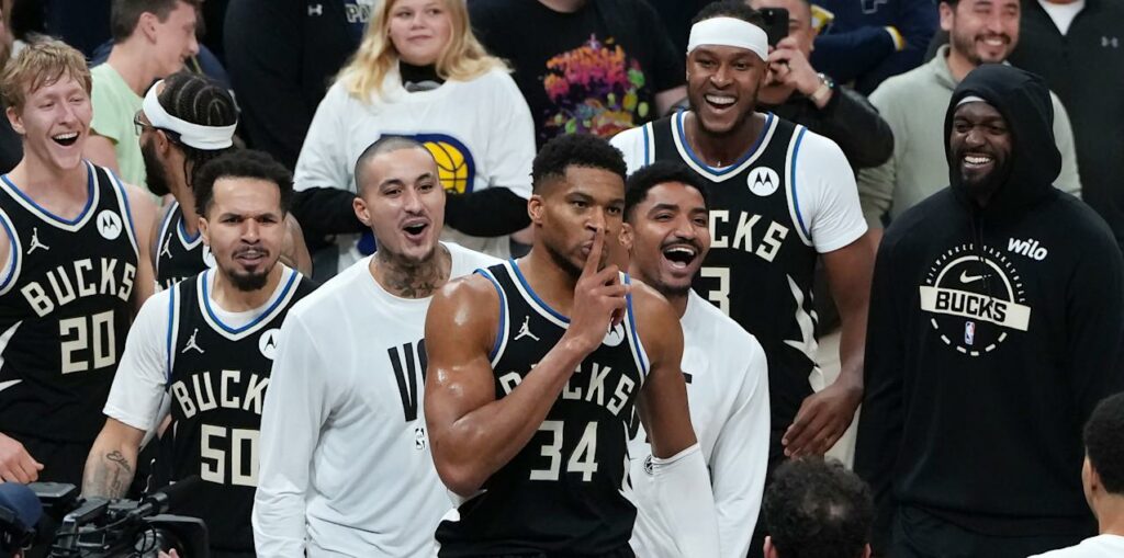 Giannis Antetokounmpo shushes the crowd