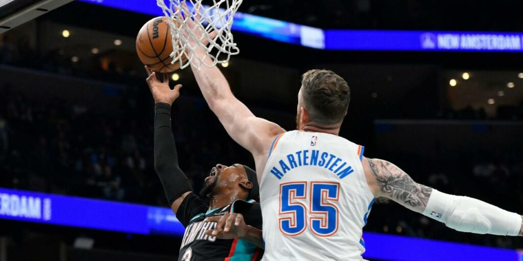 Isaiah Hartenstein defending Oklahoma's basket