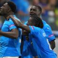Pafos players rush to celebrate after scoring against Villarreal
