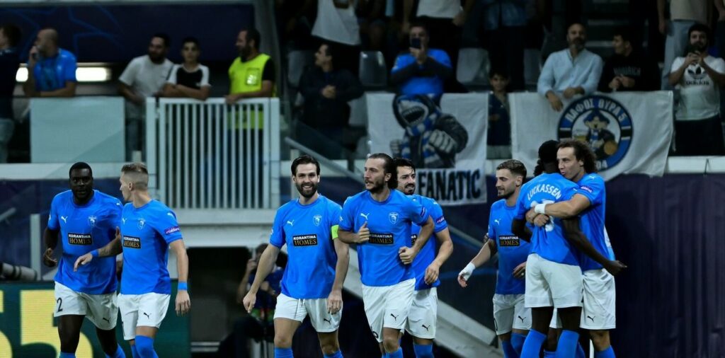 Pafos players celebrate after scoring against Monaco