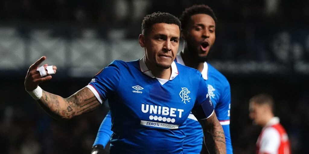 James Tavernier celebrates after scoring for Rangers against Braga