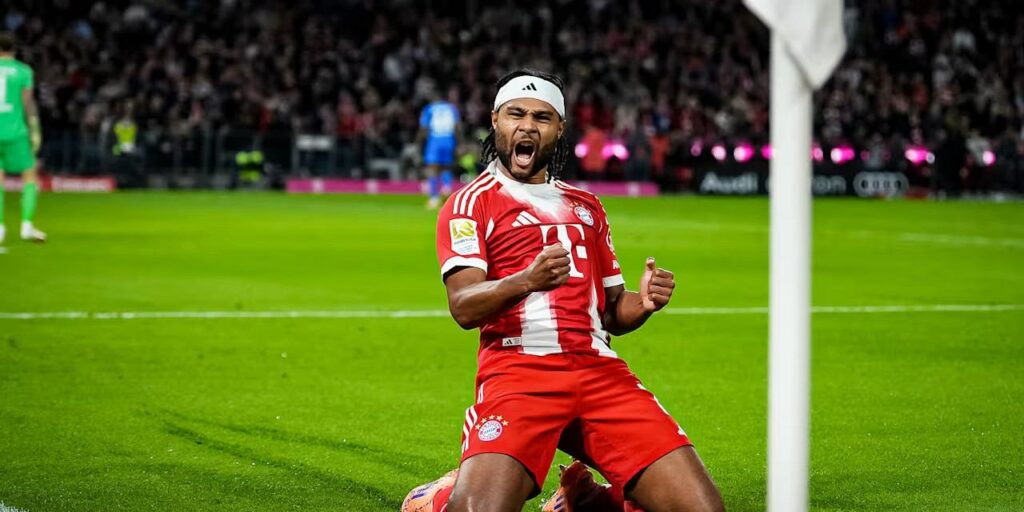 Serge Gnabry celebrates after scoring for Bayern Munich