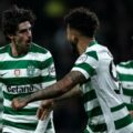 Sporting players celebrate after scoring against Club Brugge