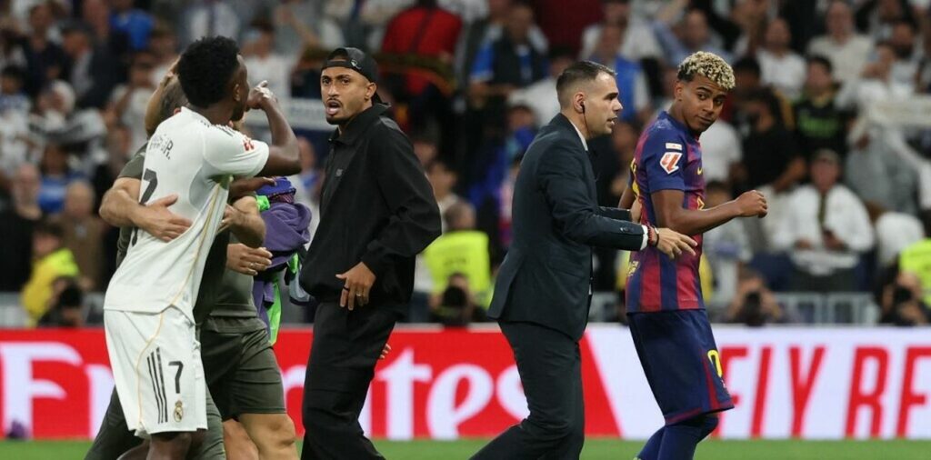 Vinicius Junior and Lamine Yamal in verbal exchange during El Clasico