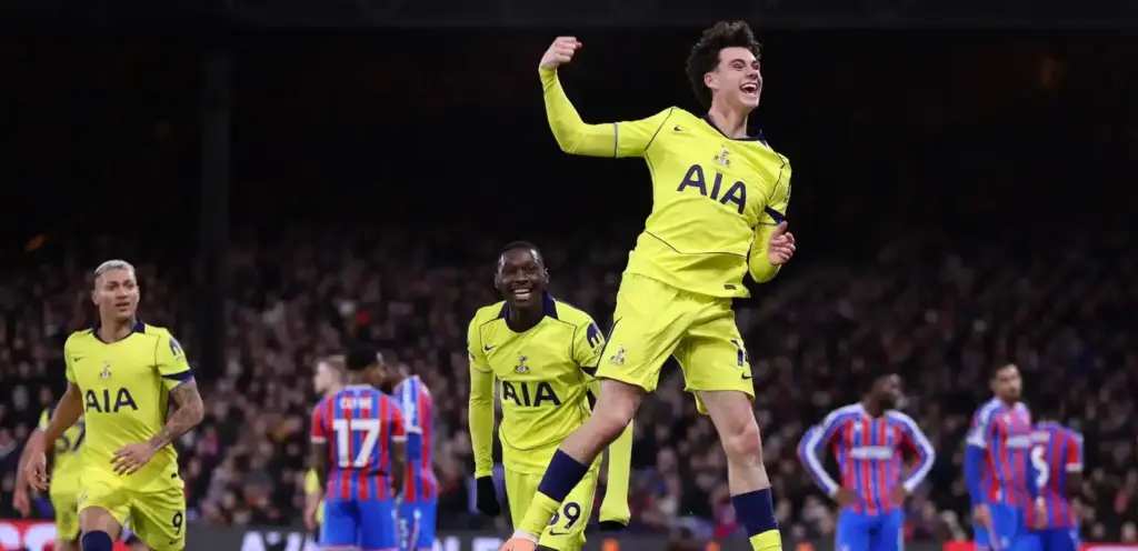 Archie Gray celebrates after scoring against Crystal Palace