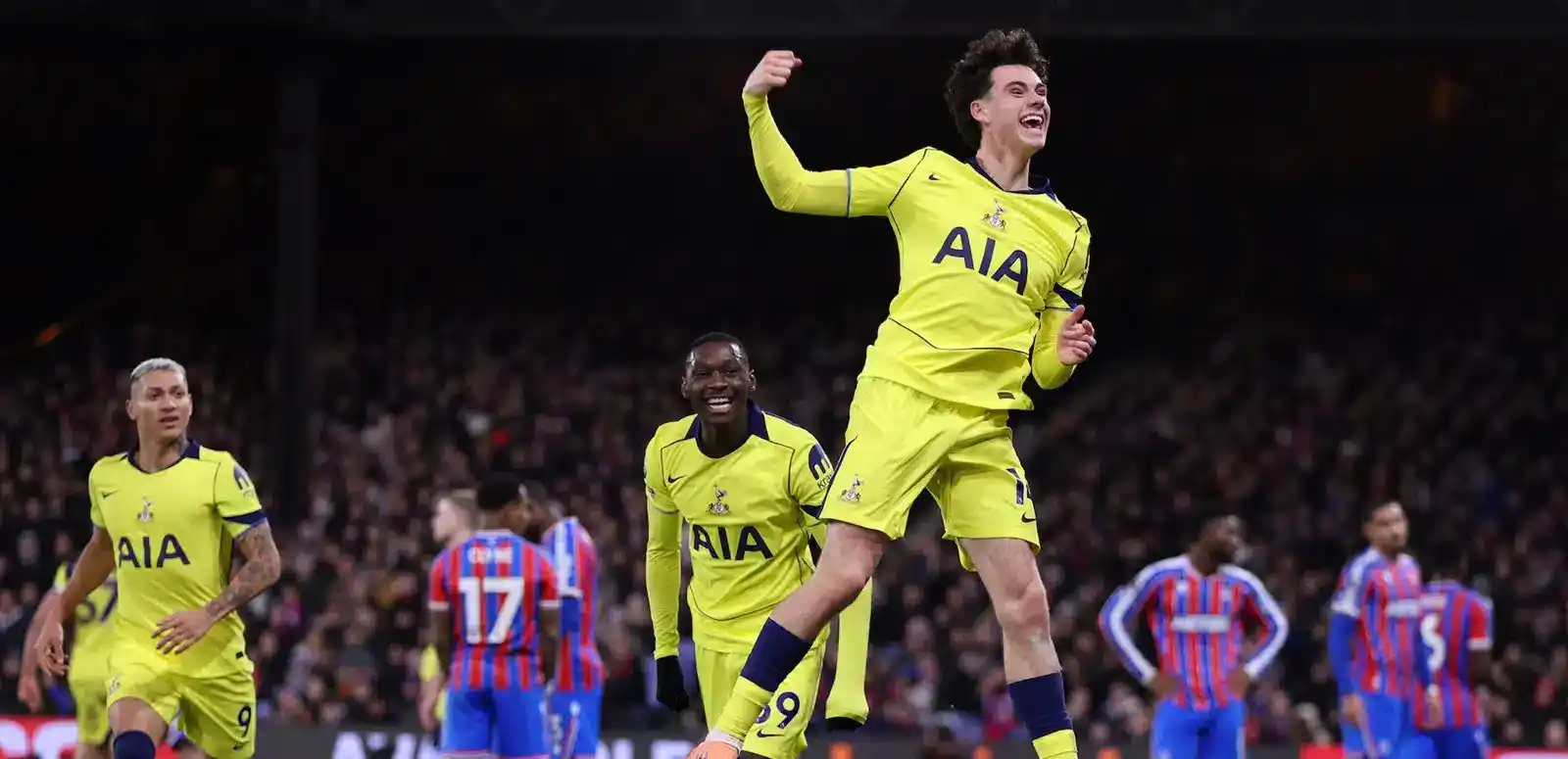 Archie Gray celebrates after scoring against Crystal Palace