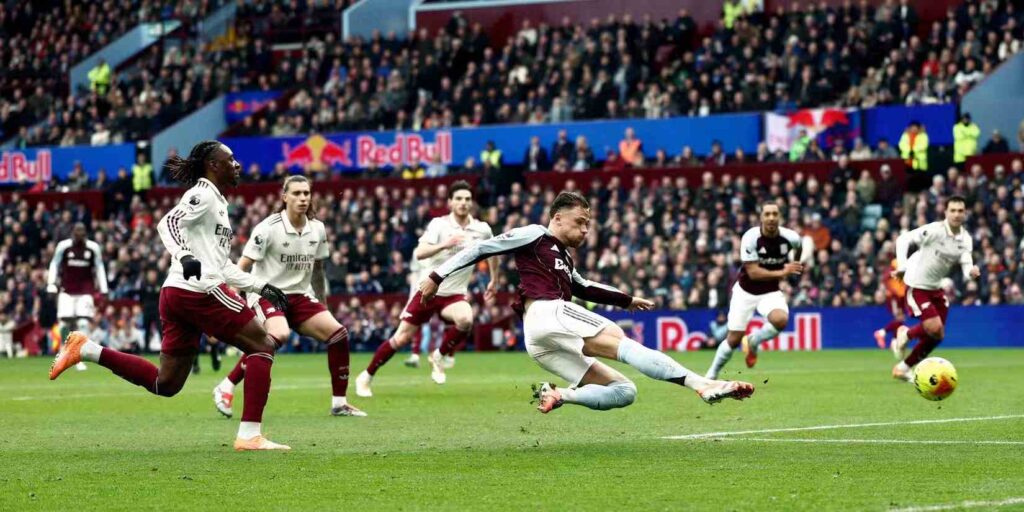 Matty Cash scoring for Aston Villa against Arsenal
