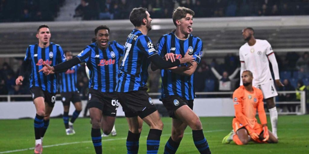 Atalanta players celebrate after scoring against Chelsea