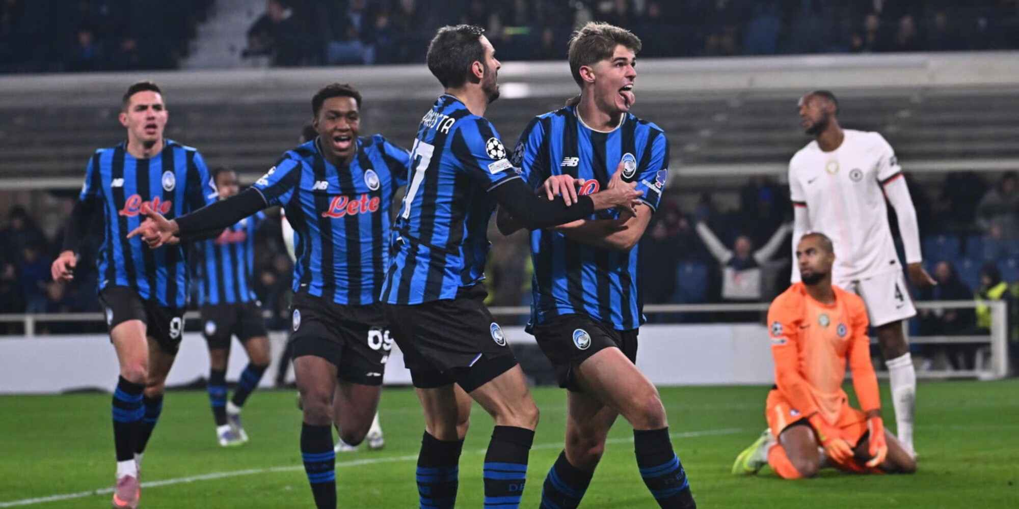 Atalanta players celebrate after scoring against Chelsea