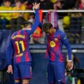 Raphinha and Lamine Yamal celebrate Barcelona goal against Villarreal