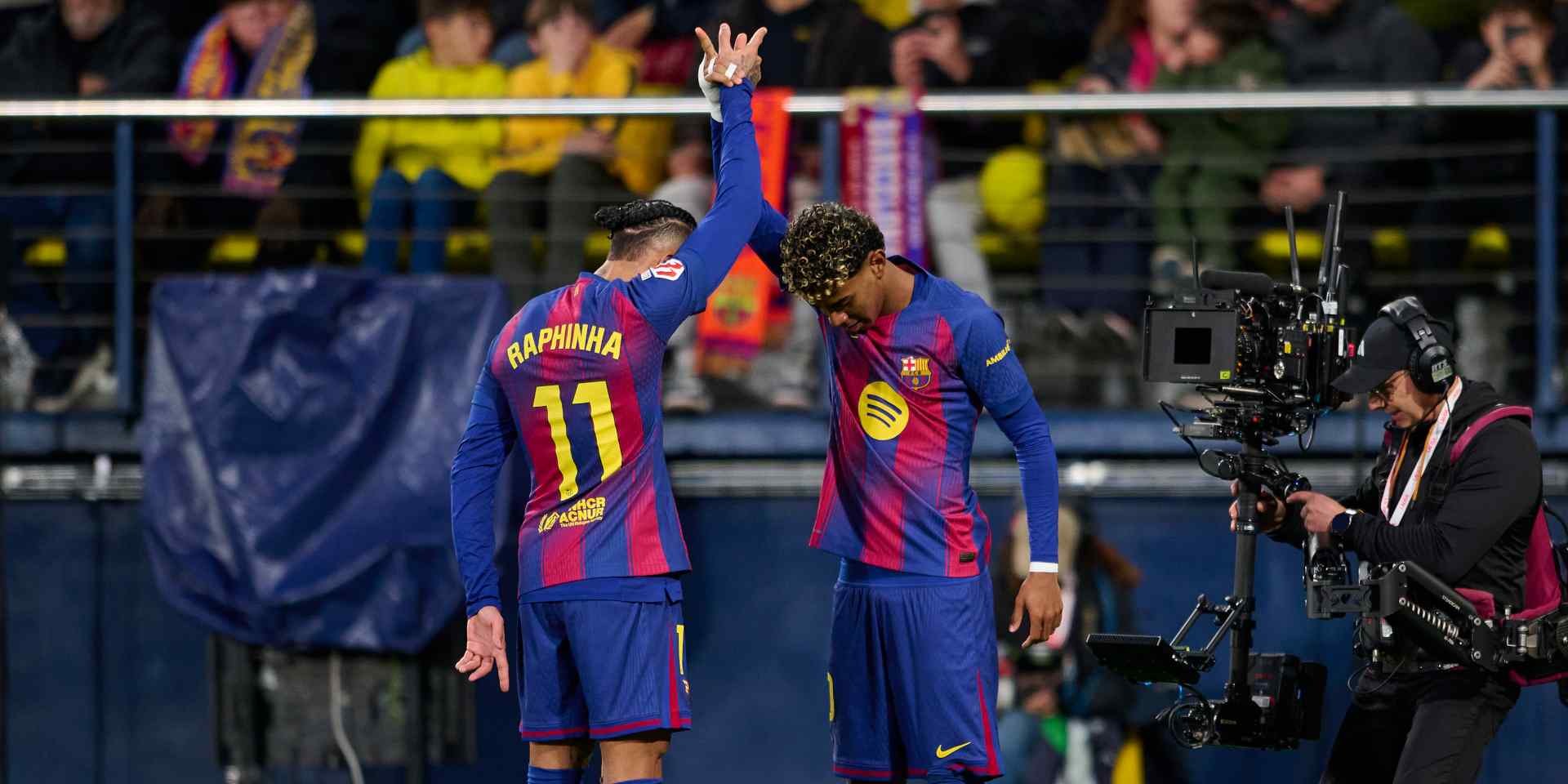 Raphinha and Lamine Yamal celebrate Barcelona goal against Villarreal