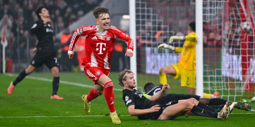 Lennart Karl has just scored for Bayern Munich against Sporting