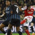 Noni Madueke shoots towards Club Brugge's goal