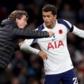 Tottenham manager Thomas Frank giving instructions to Brennan Johnson