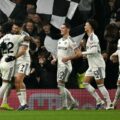 Fulham players celebrate after Raul Gimenez has scored a penalty against Nottingham Forest