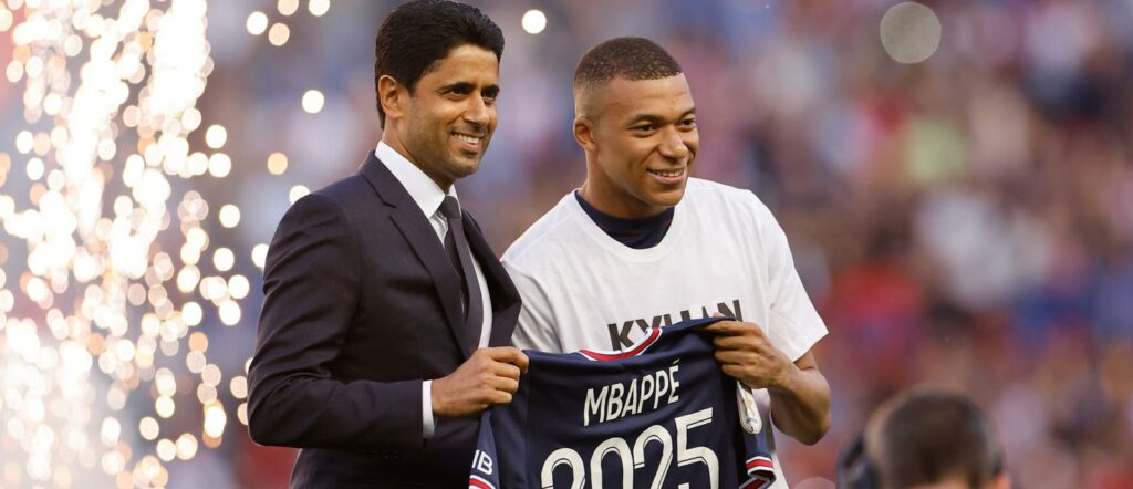Kylian Mbappe with PSG president Nasser Al Khelaifi