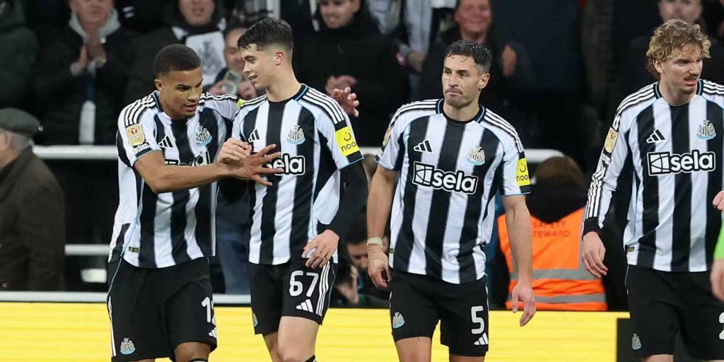 Newcastle players celebrate after scoring against Fulham