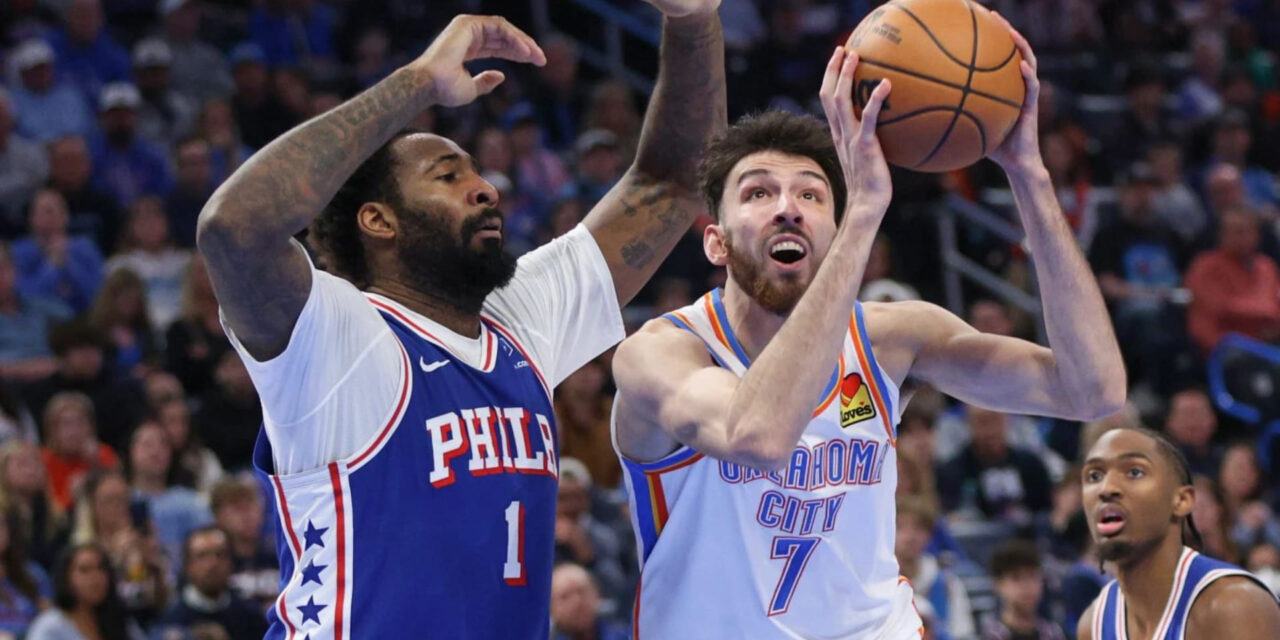 Chet Holmgren attacking Philadelphia 76ers basket despite Andre Drummond's defence