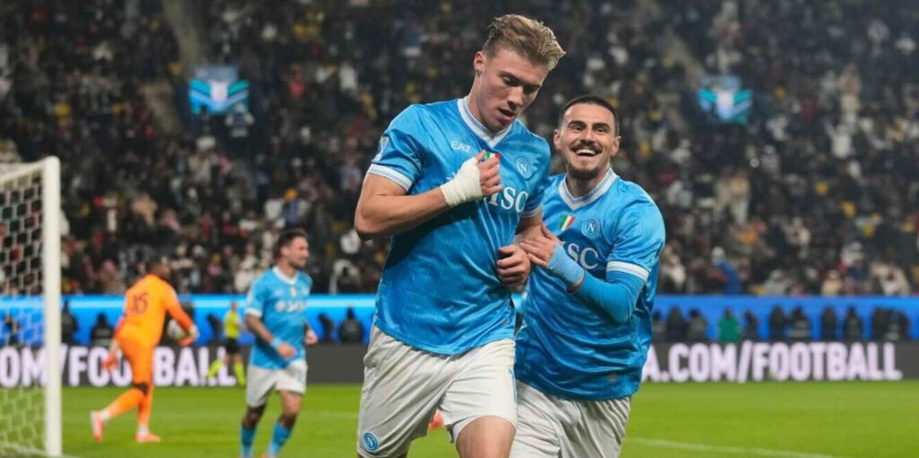 Rasmus Hojlund celebrates after scoring against Milan