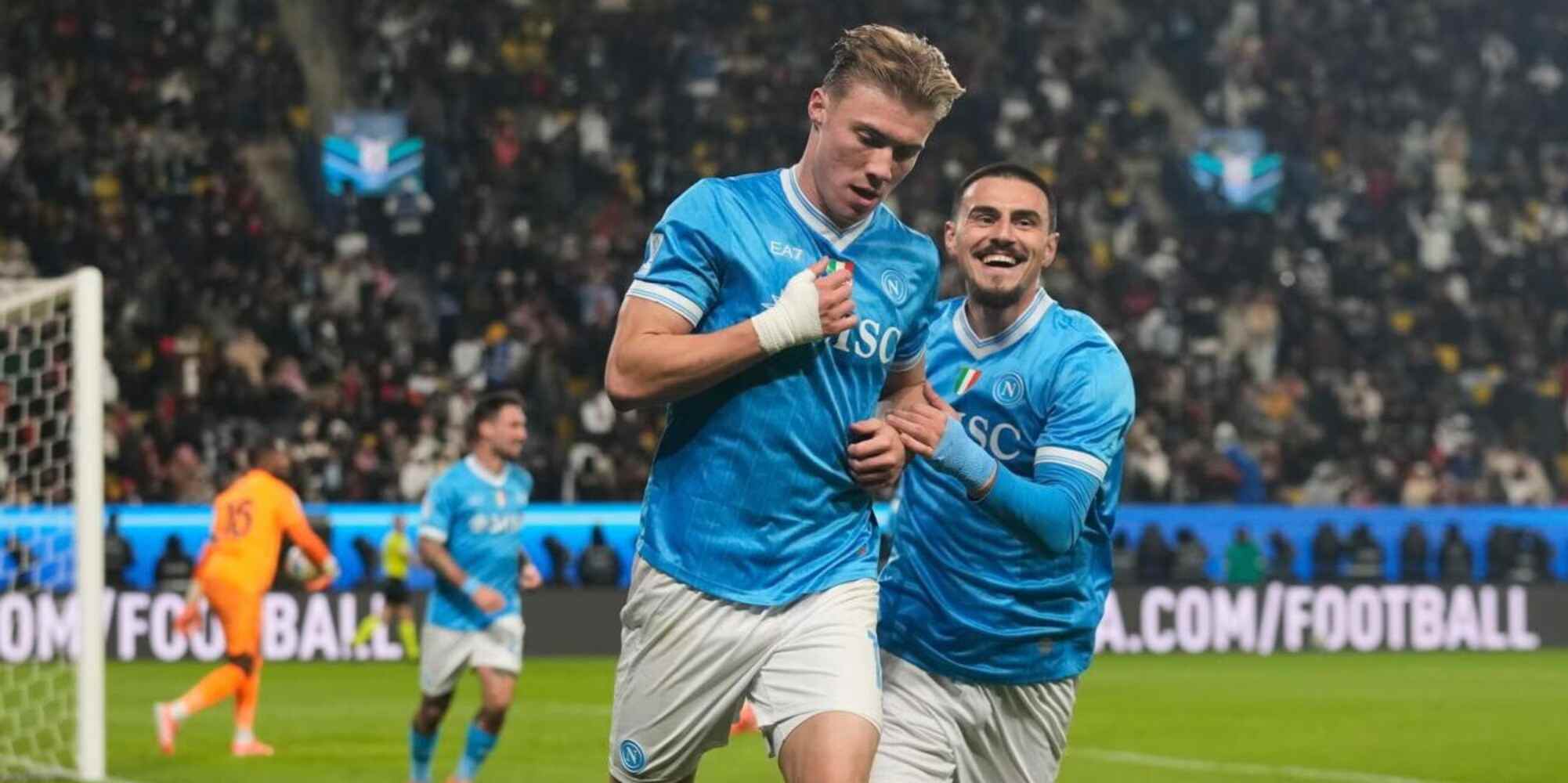 Rasmus Hojlund celebrates after scoring against Milan