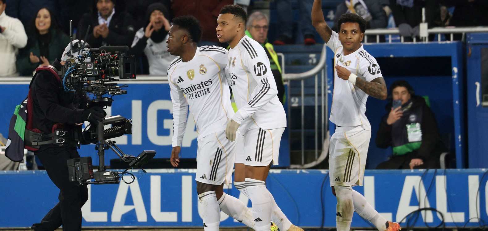 Vinicius, Mbappe, and Rodrygo celebrate Real Madrid goal against Alaves