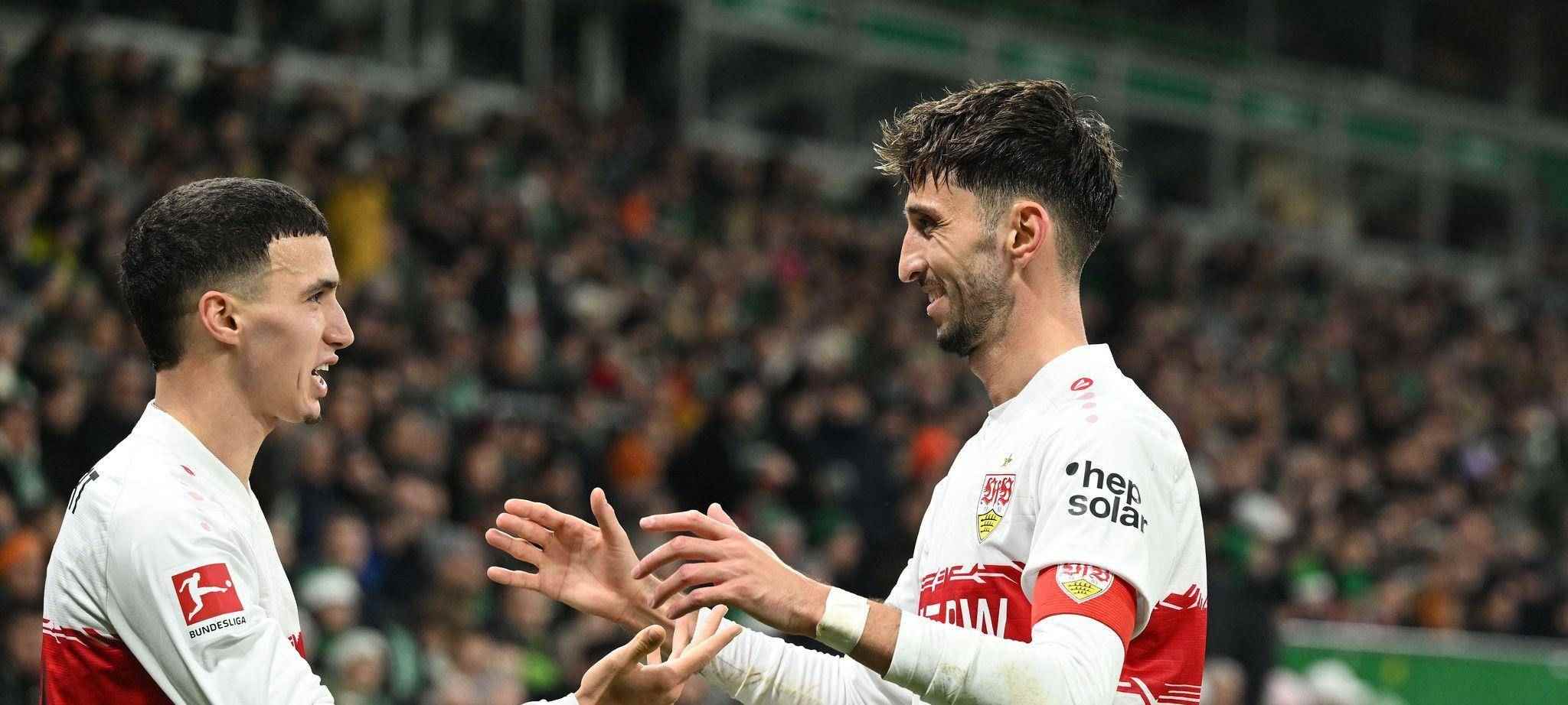 Stuttgart players celebrate after scoring against Werder Bremen
