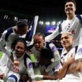 Tottenham players celebrate after scoring against Slavia