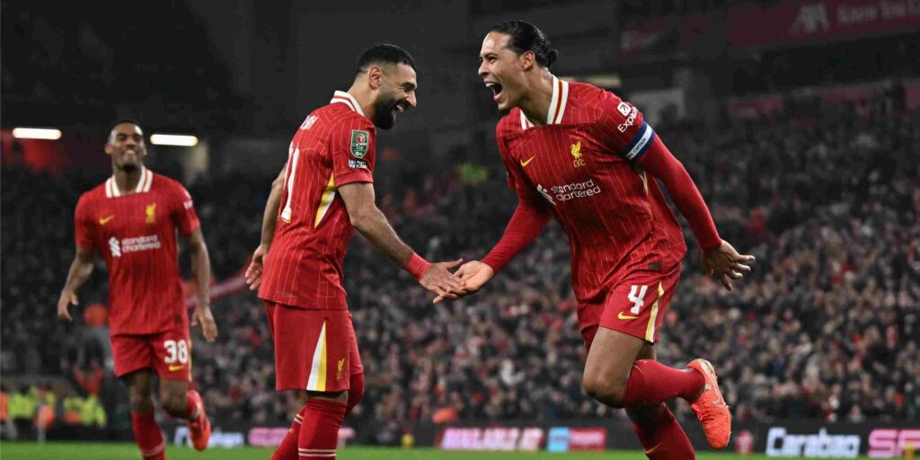 Mohamed Salah and Virgil Van Dijk celebrate Liverpool goal