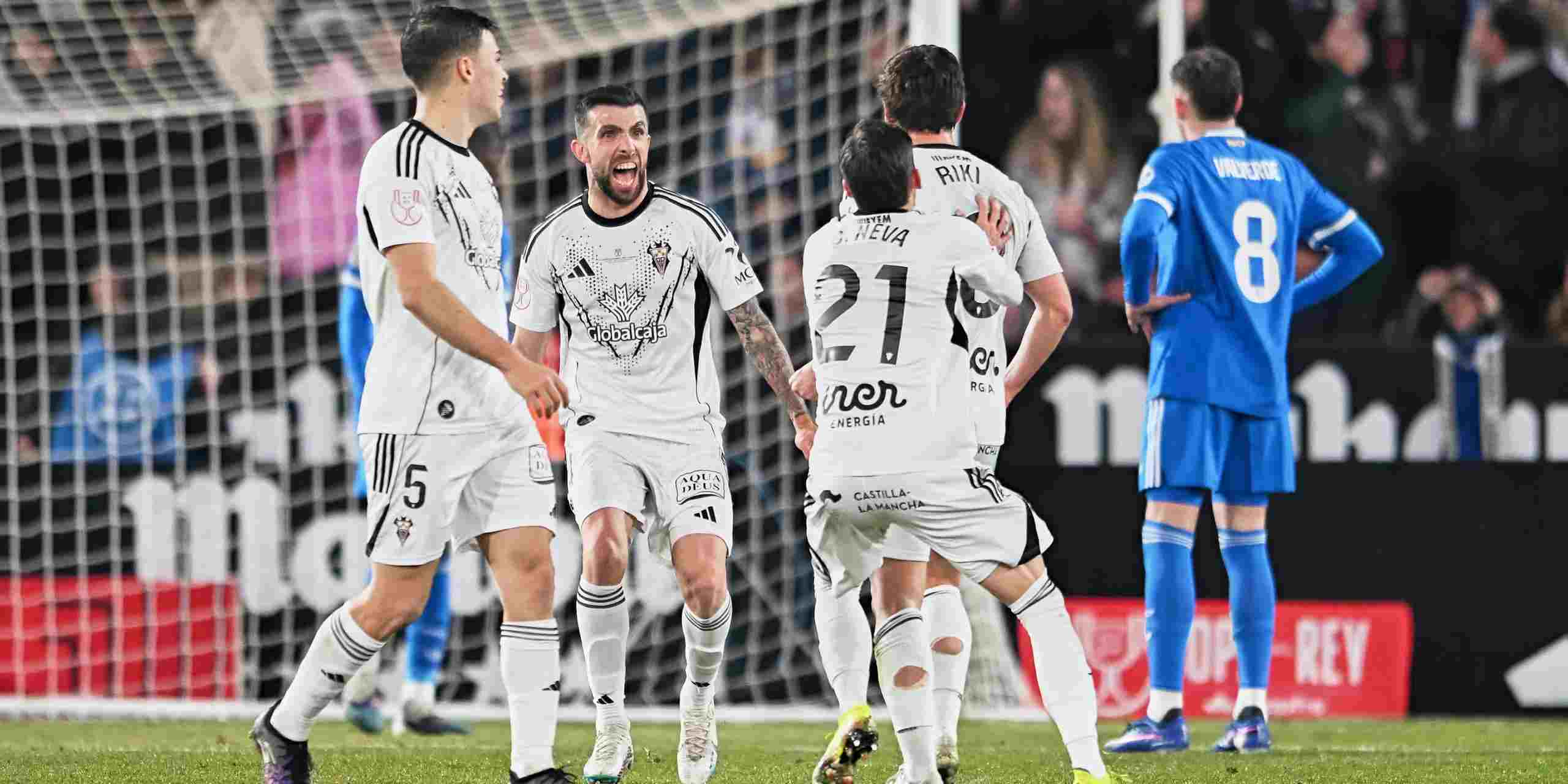 Albacete players celebrate after scoring against Real Madrid