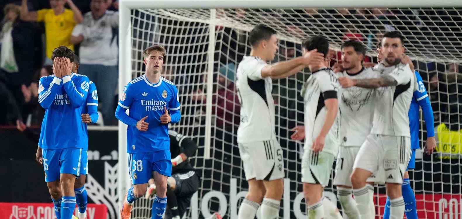 Albacete players celebrate after scoring against Real Madrid