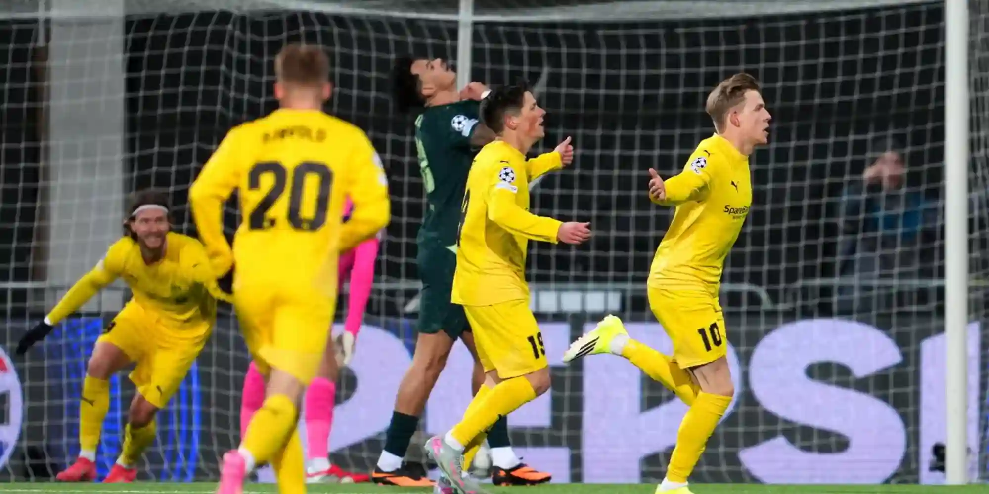 Bodo/Glimt players celebrate after scoring against Manchester City