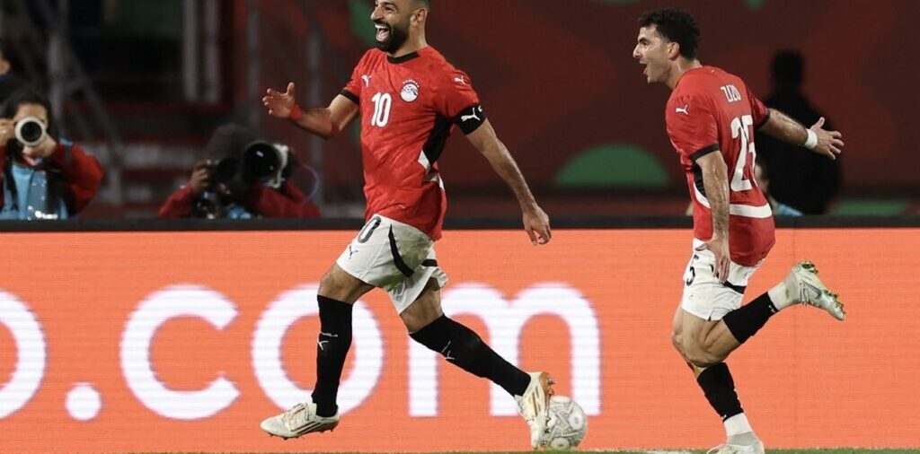 Mohamed Salah celebrates after scoring in the Africa Cup of Nations