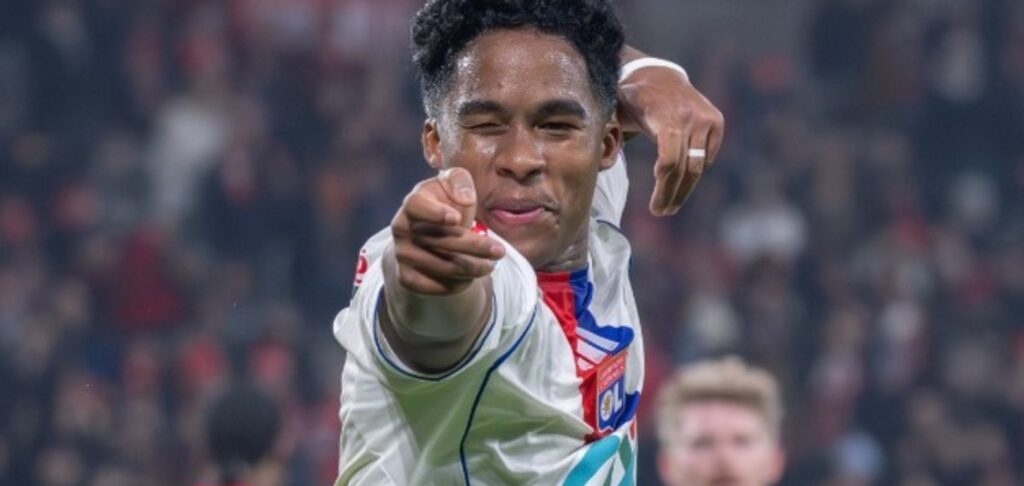 Endrick celebrates after scoring on his debut for Lyon