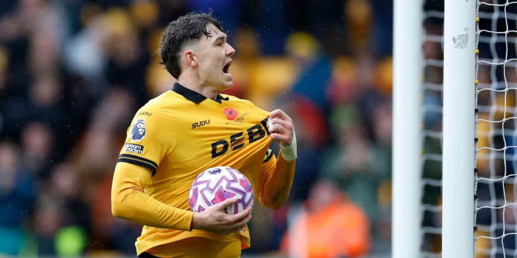Wolves striker Jorgen Strand Larsen celebrates after scoring a goal