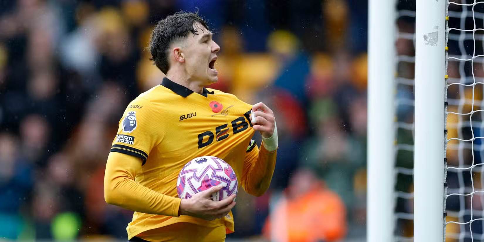 Wolves striker Jorgen Strand Larsen celebrates after scoring a goal