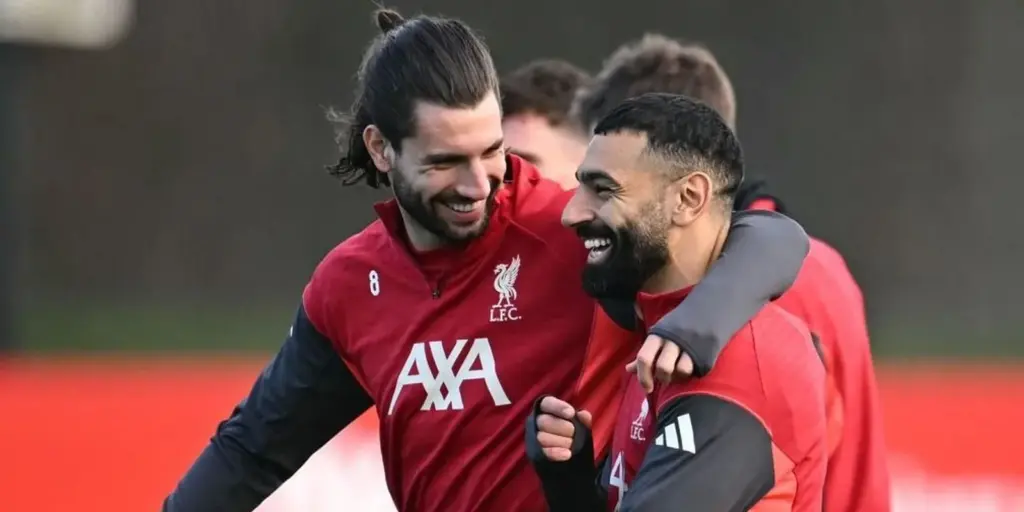 Dominic Szloboszlai and Mohamed Salah during Liverpool training session